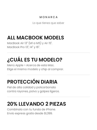 Funda MacBook Monarca: compatible con MacBook Air 13 (M1 a M5), Air 15, Pro 13, 14 y 16; 20% llevando 2 piezas