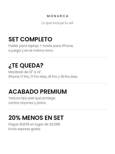 Set Monarca: folder para laptop 13-14 pulgadas + funda iPhone 17/18 Pro, 20% menos en set, envío express gratis