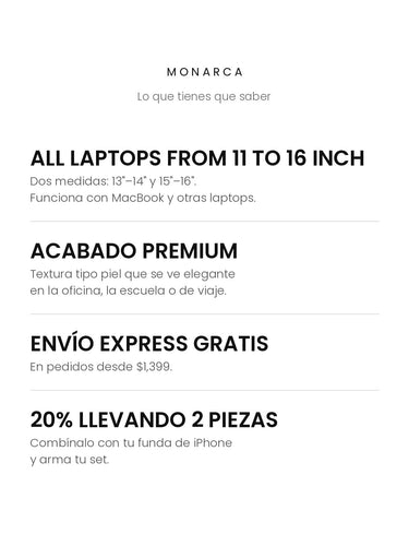 Folder para laptop Monarca: laptops de 11 a 16 pulgadas, medidas 13-14 y 15-16; envío express gratis desde $1,399